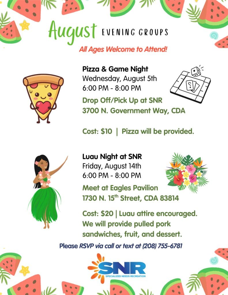 August flyer: pizza and luau nights